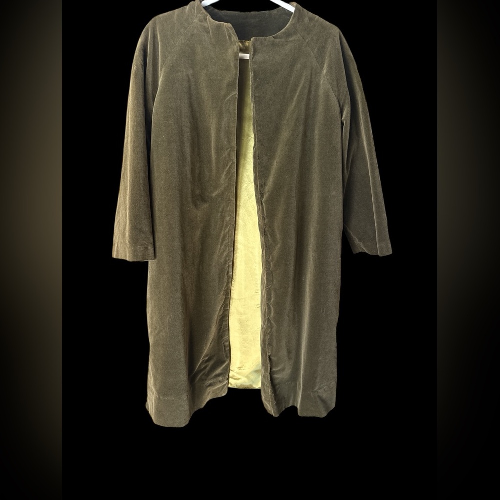 Vintage handmade M Olive  velvet Green Open Front Coat renaissance jacket satin